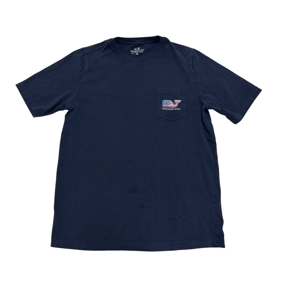 Vineyard Vines Boys Navy Blue American Flag Whale Pocket T-Shirt Size M 12-14